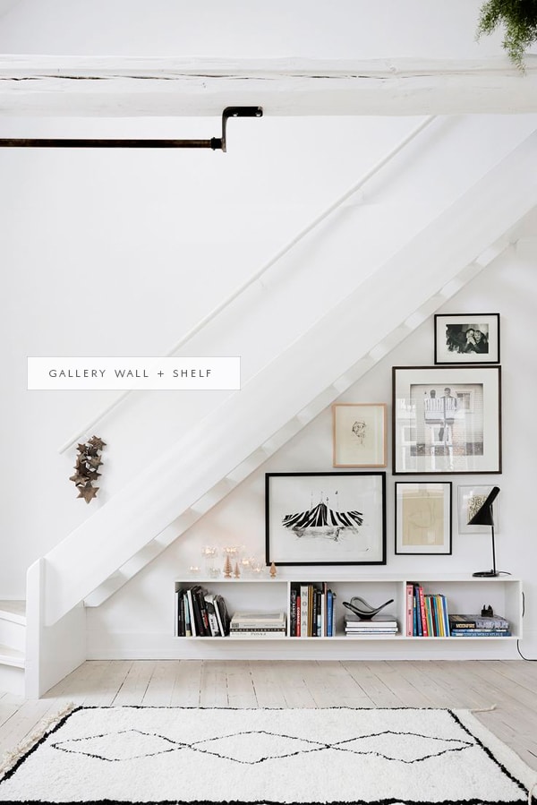under the stairs gallery wall and floating shelf | coco+kelley - in the details