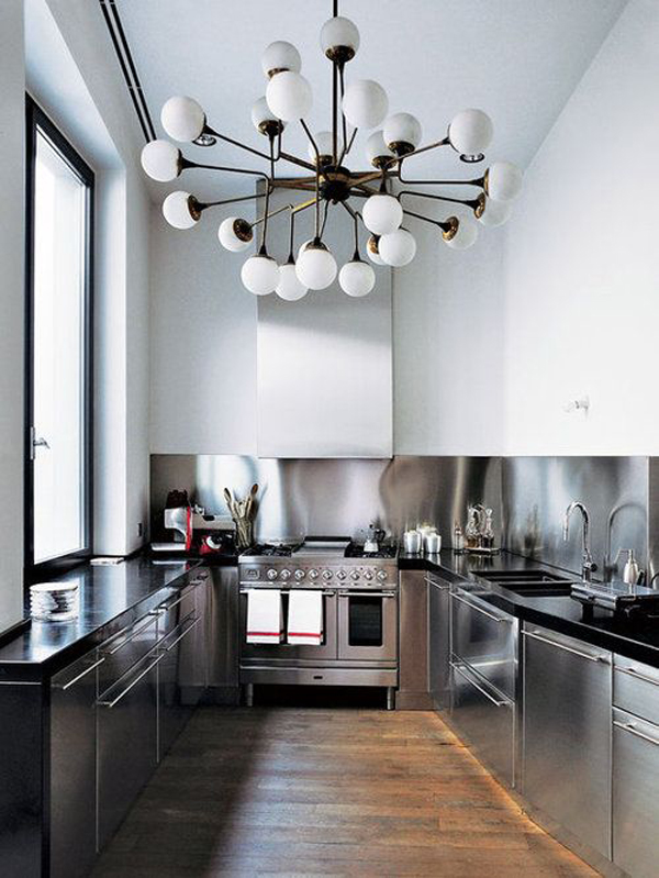 industrial style kitchen all stainless steel oversized lighting