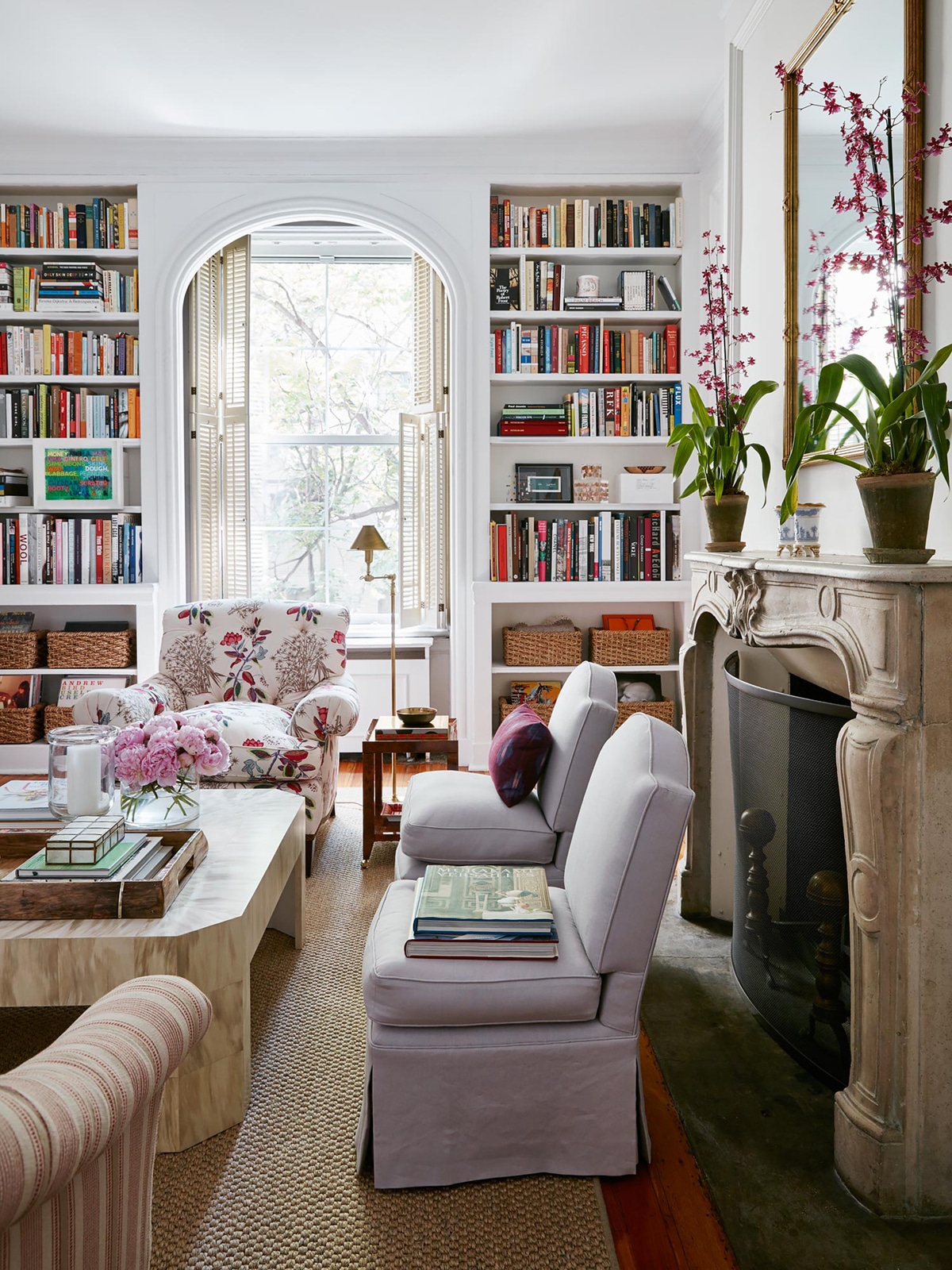 lavender slipper chairs round up this feminine living room | room of the week via coco kelley
