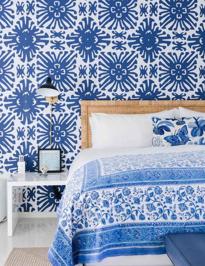 layers of blue on blue textiles at the holiday house palm springs | via coco kelley