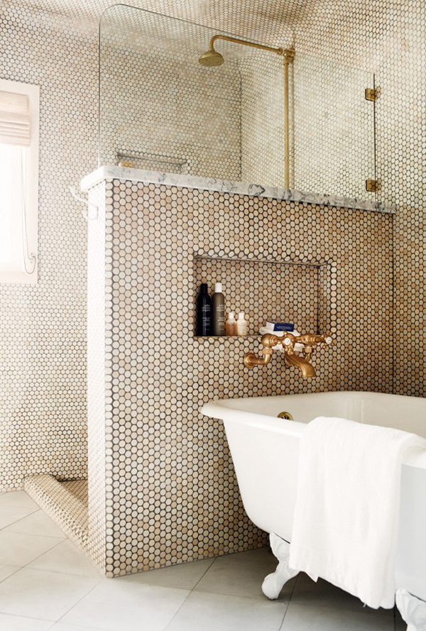 beautiful bathroom with floor to ceiling penny tile, brass hardware and marble sinks | via coco+kelley