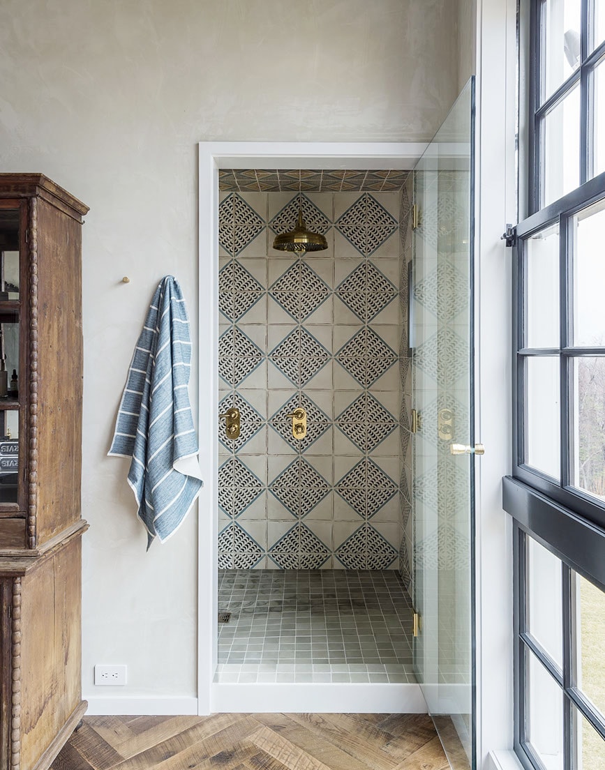 master bathroom shower with gorgeous moroccan tile | full house tour on coco kelley