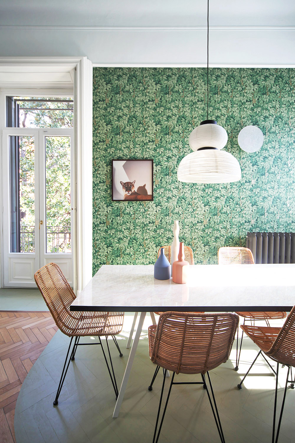 modern milan dining room with lush green wallpaper | room of the week coco kelley
