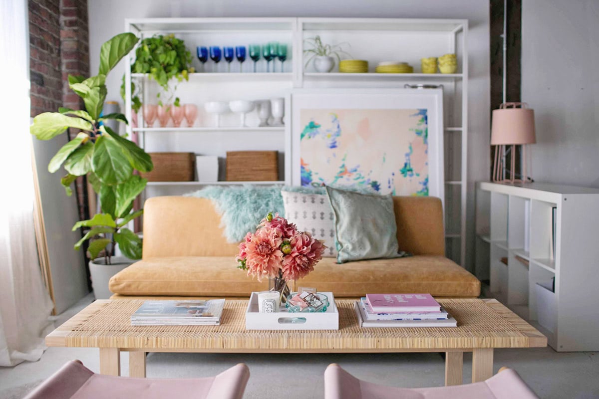 office makeover with blu dot - leather sofa and pastels - coco kelley