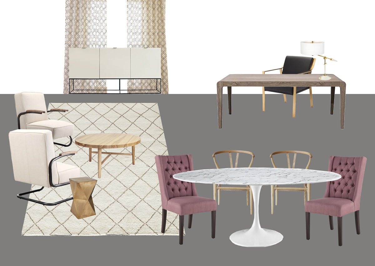 office rendering option one - mauve and neutrals with black desk chair