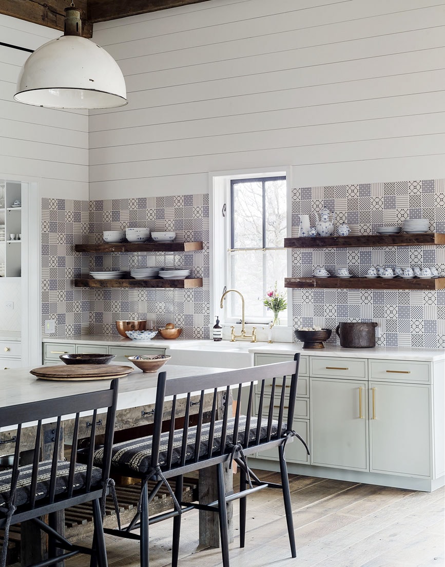 pale mint green cabinets, blue tile and shiplap walls in the kitchen | eclectic farmhouse tour on coco kelley