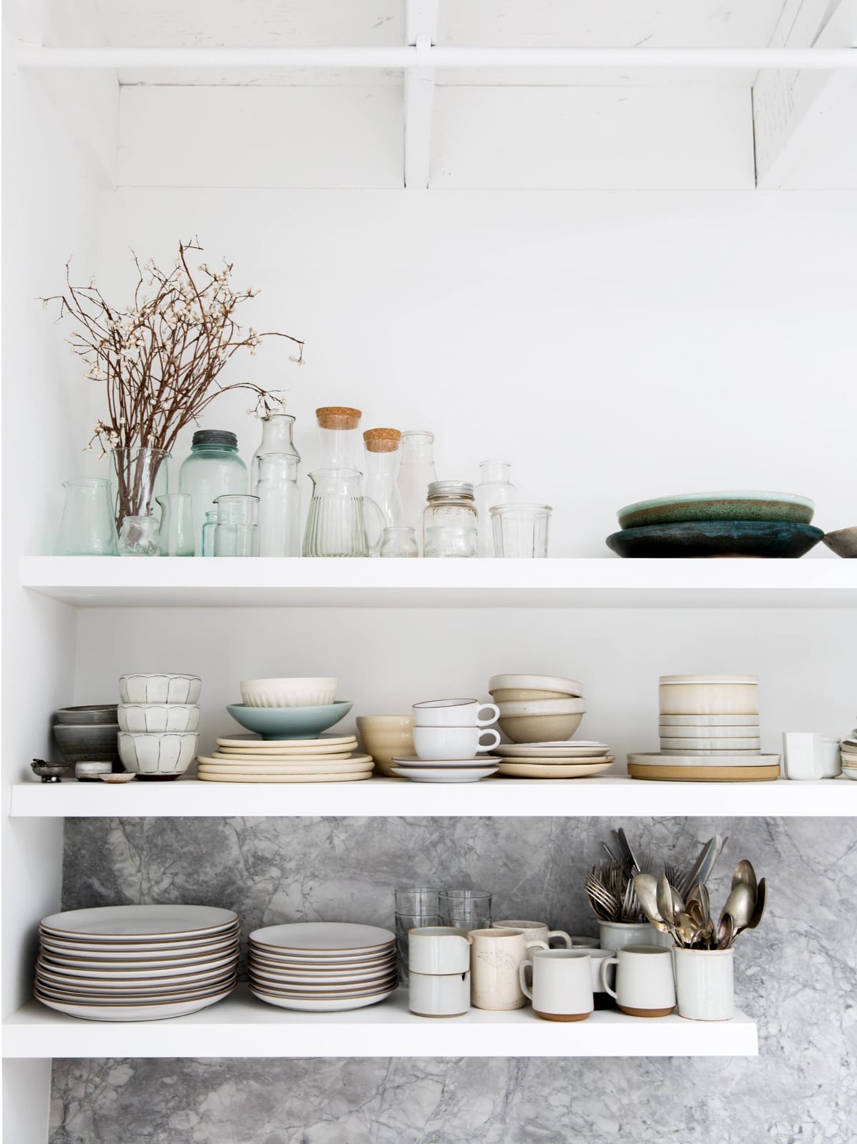 perfect open shelving with a marble backsplash | backyard photo studio kitchen tour on coco kelley
