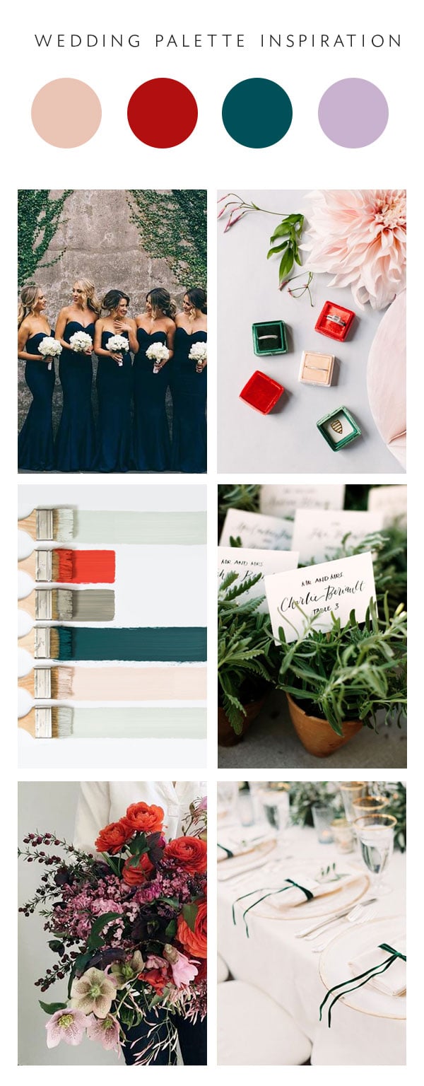blush, red, teal green, lilac wedding palette inspiration | via coco kelley