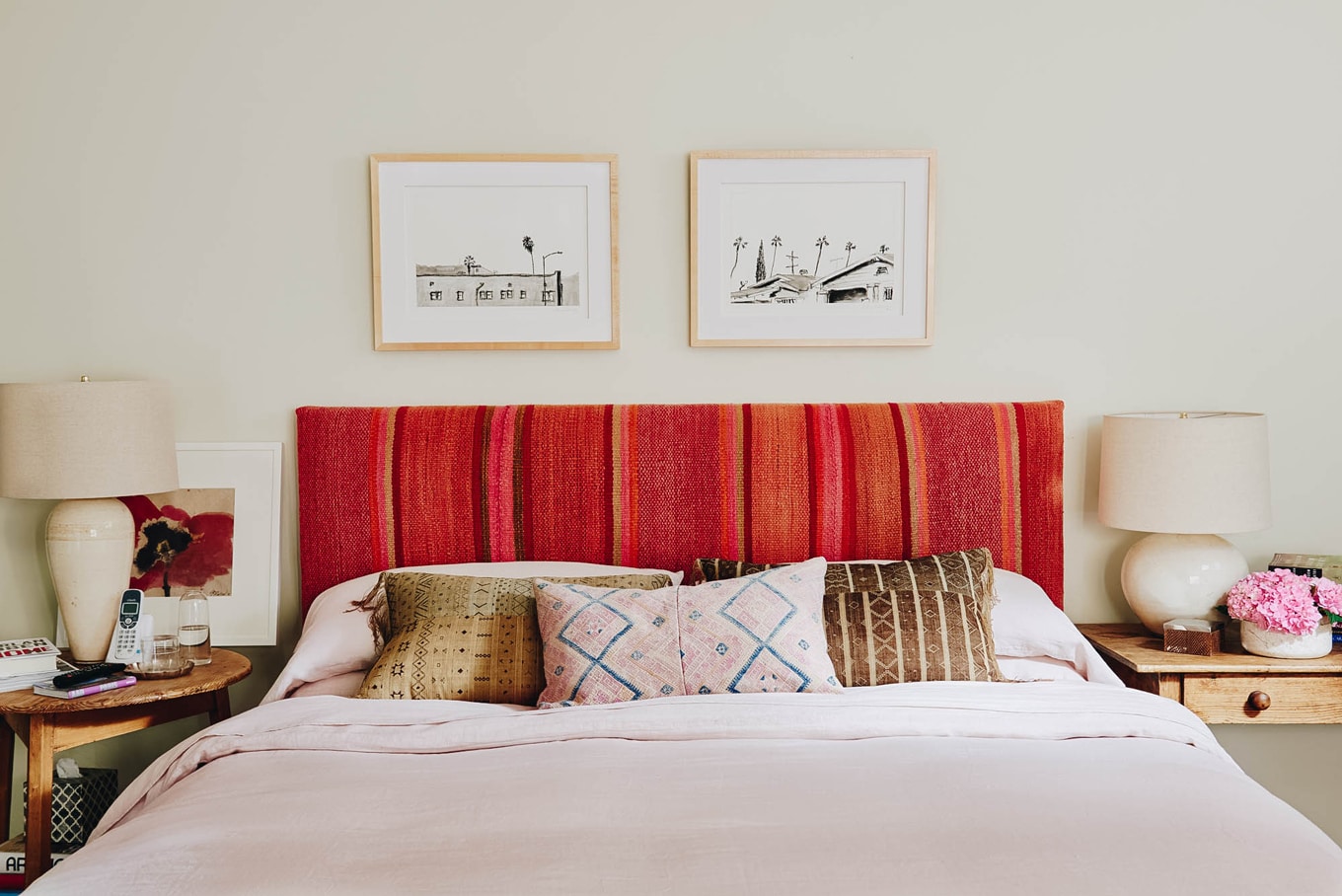 pink and red frazada blanket heardboard with mixed textiles | california style mediterranean house tour on coco kelley