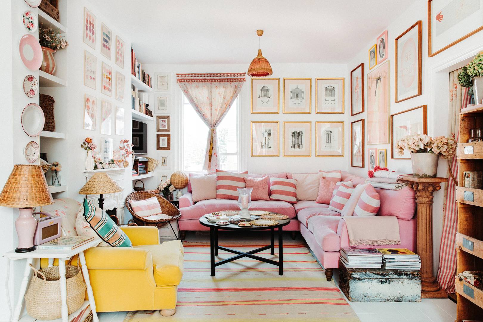 pink and yellow feminine living room | violet dent romantic eclectic house tour