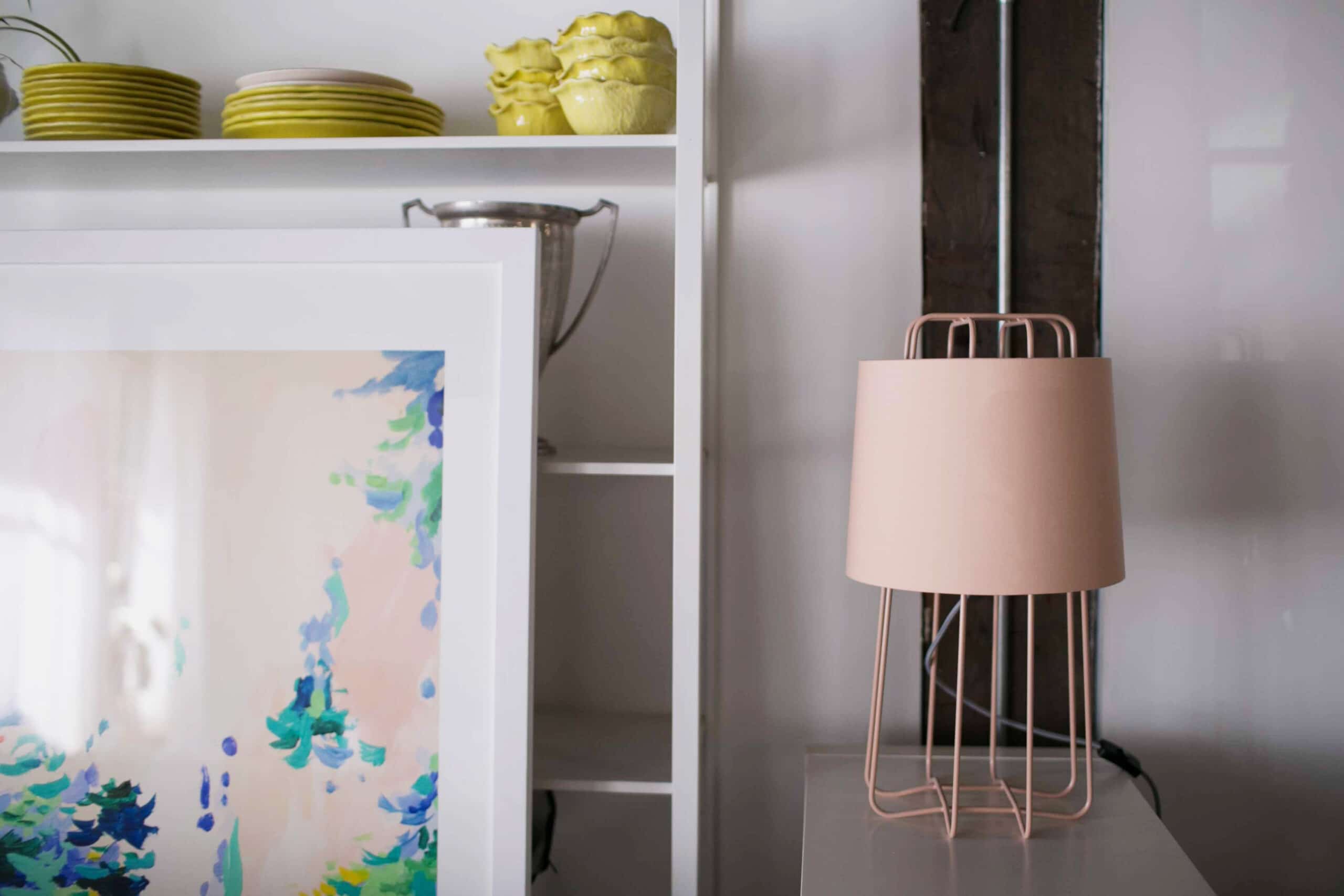 pink blu dot lamp in our studio makeover | coco kelley