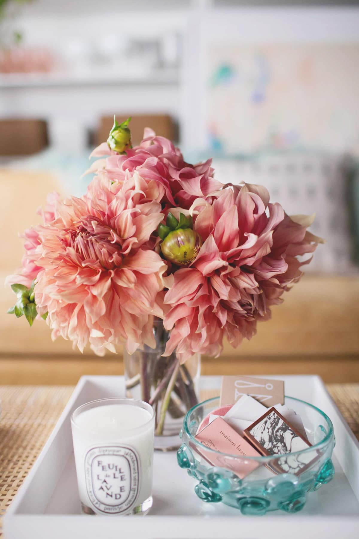 pink dahlias in the office | coco kelley