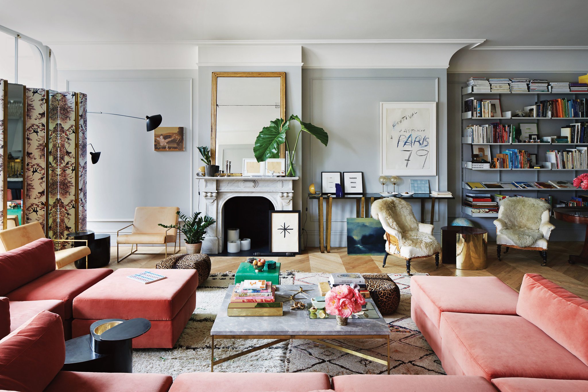 pink velvet modular sofa in a classic living room | jenna lyons house tour on coco kelley