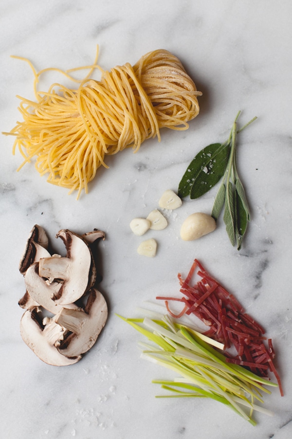 Prosciutto Leek and Mushroom Spaghetti Recipe | coco+kelley