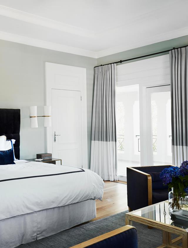rich blue velvet and soft grey contrast in the master bedroom | melissa marshall home tour on coco kelley