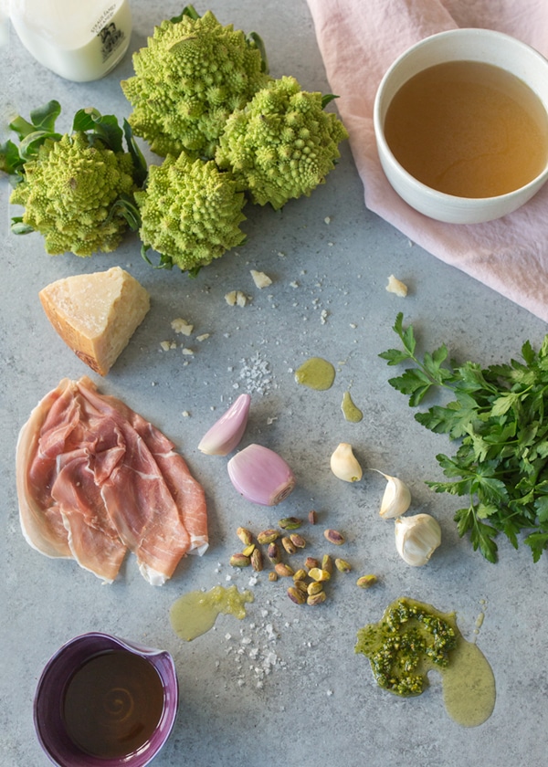 roasted romanesco soup with pesto and prosciutto |recipe from coco kelley