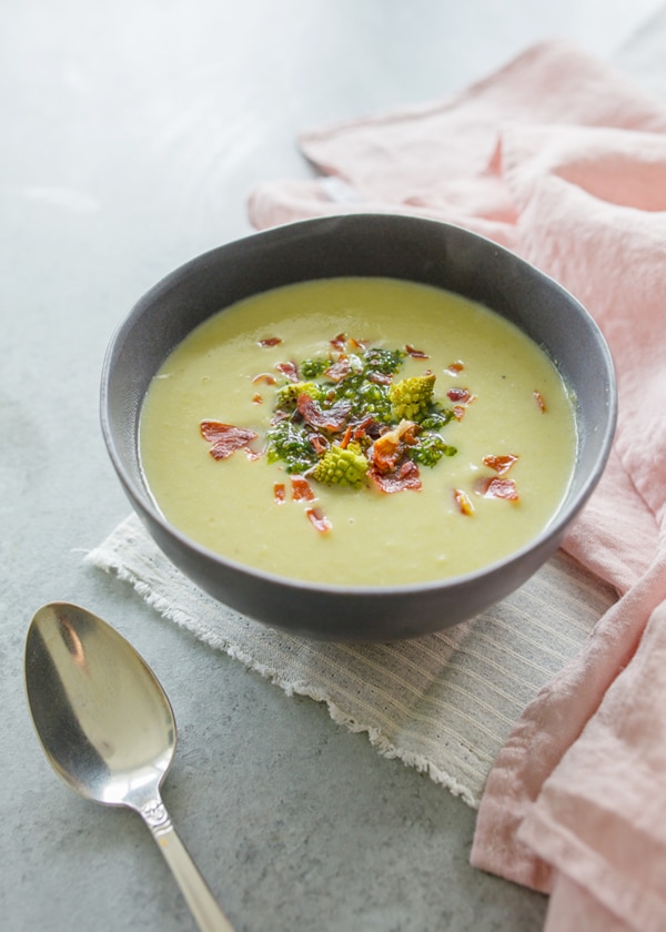 roasted romanesco soup with pesto and prosciutto |recipe from coco kelley