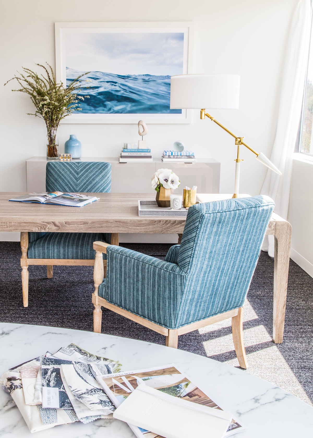 serene blue accents create a beautiful neutral space in this corporate office makeover | emerald studio interior design on coco kelley