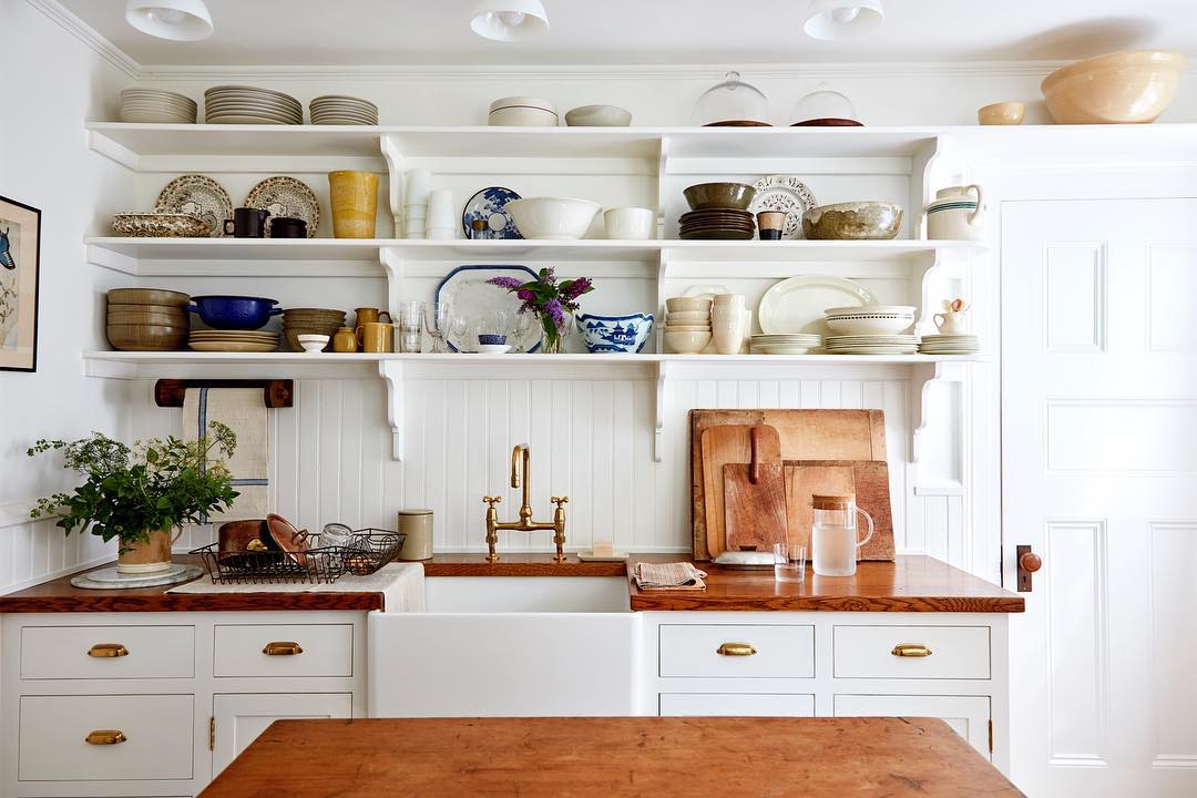 small classic country cottage kitchen in white and wood with open shelving | house tour on coco kelley