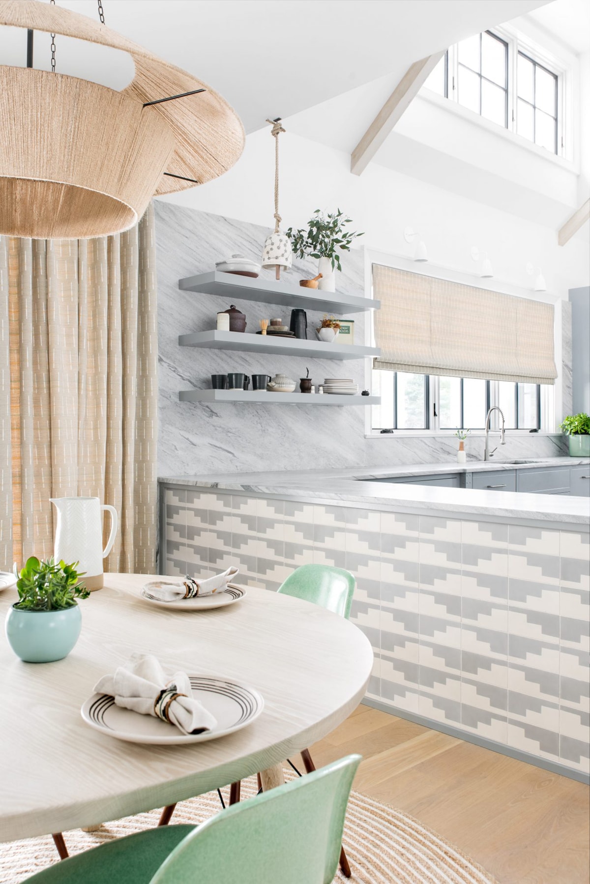 southwest style grey and white tile with dramatic marble in the kitchen | house tour on coco kelley