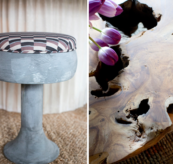 uphosltered stool and coffee table detail | via coco+kelley