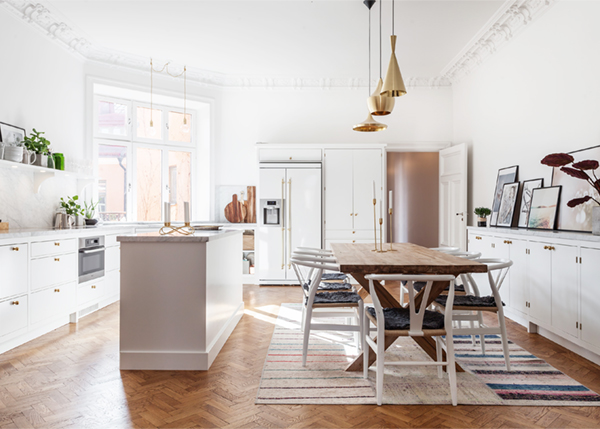 swedish eat in kitchen in white with brass pendants via coco kelley