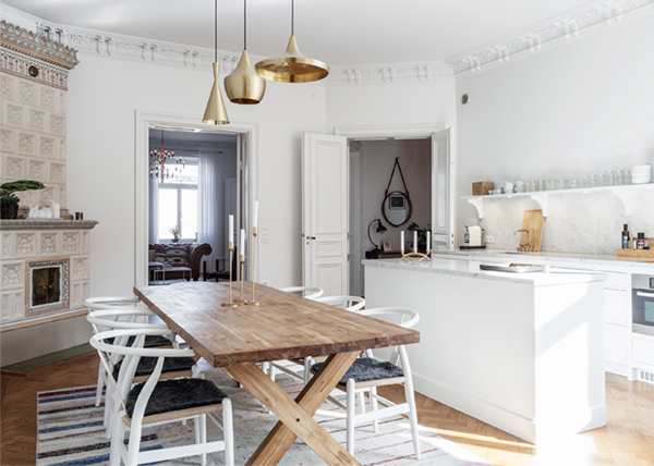 swedish eat in kitchen in white with brass pendants via coco kelley