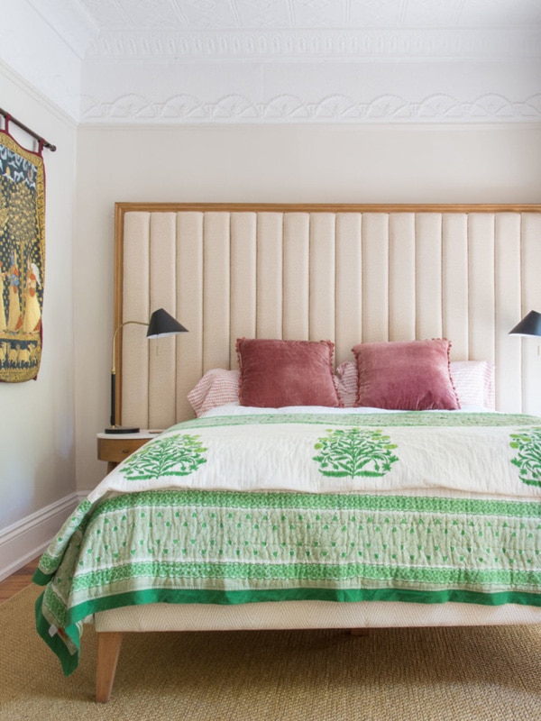 touches of green and mauve in this eclectic modern bedroom - brookly house tour via coco kelley