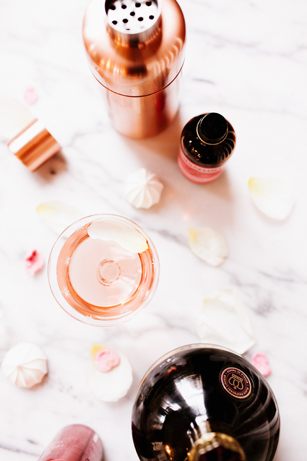 valentine's day cocktail with rose water, chambord and champagne // coco kelley