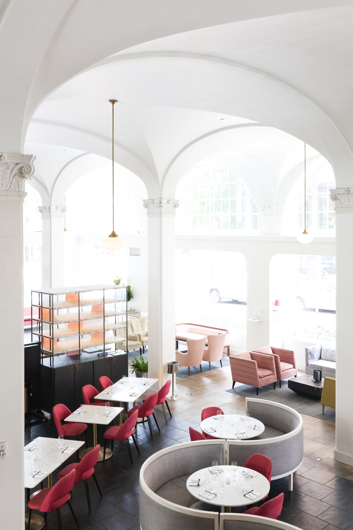 vaulted arch ceilings bring drama to the lobby restaurant at The Quirk Hotel | wanderlust design on coco kelley