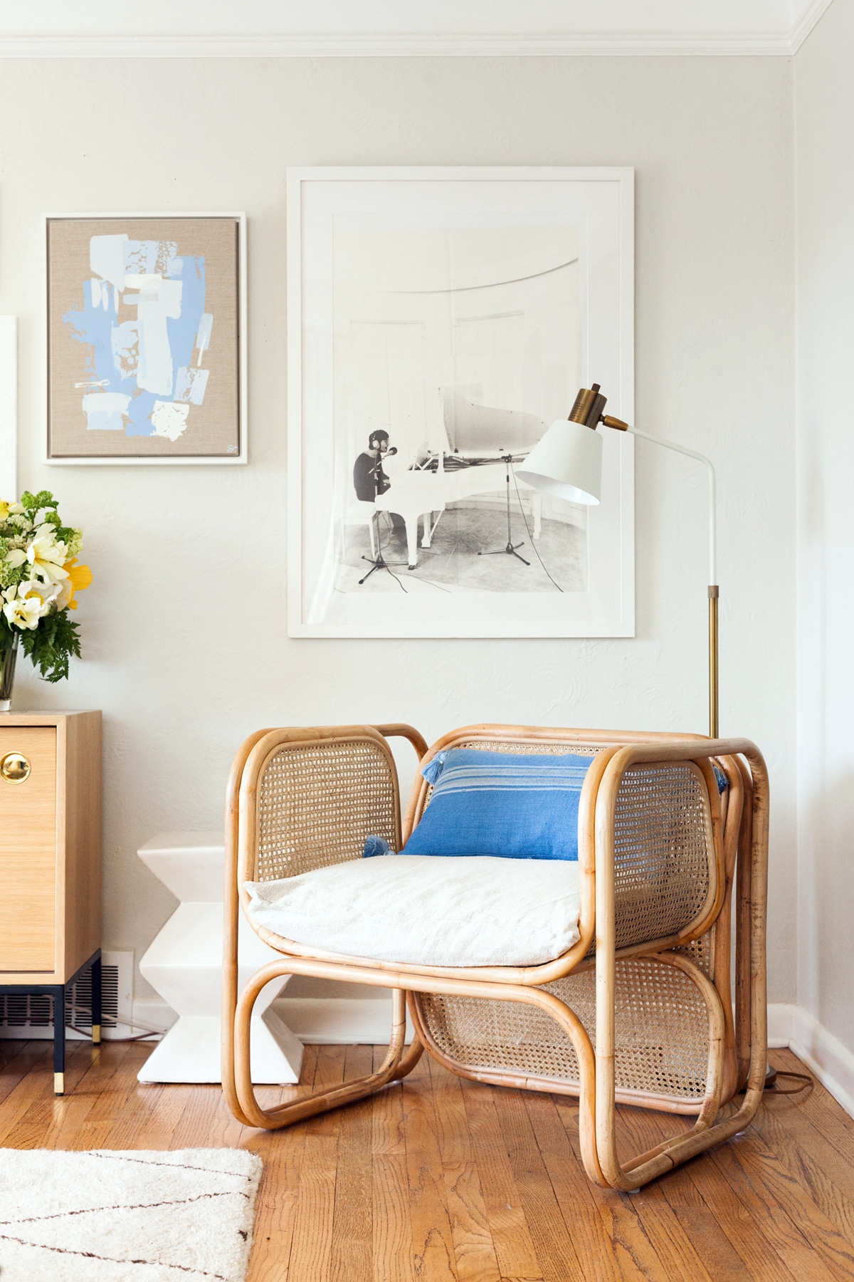 vintage cane chair and art gallery wall | coco kelley living room makeover