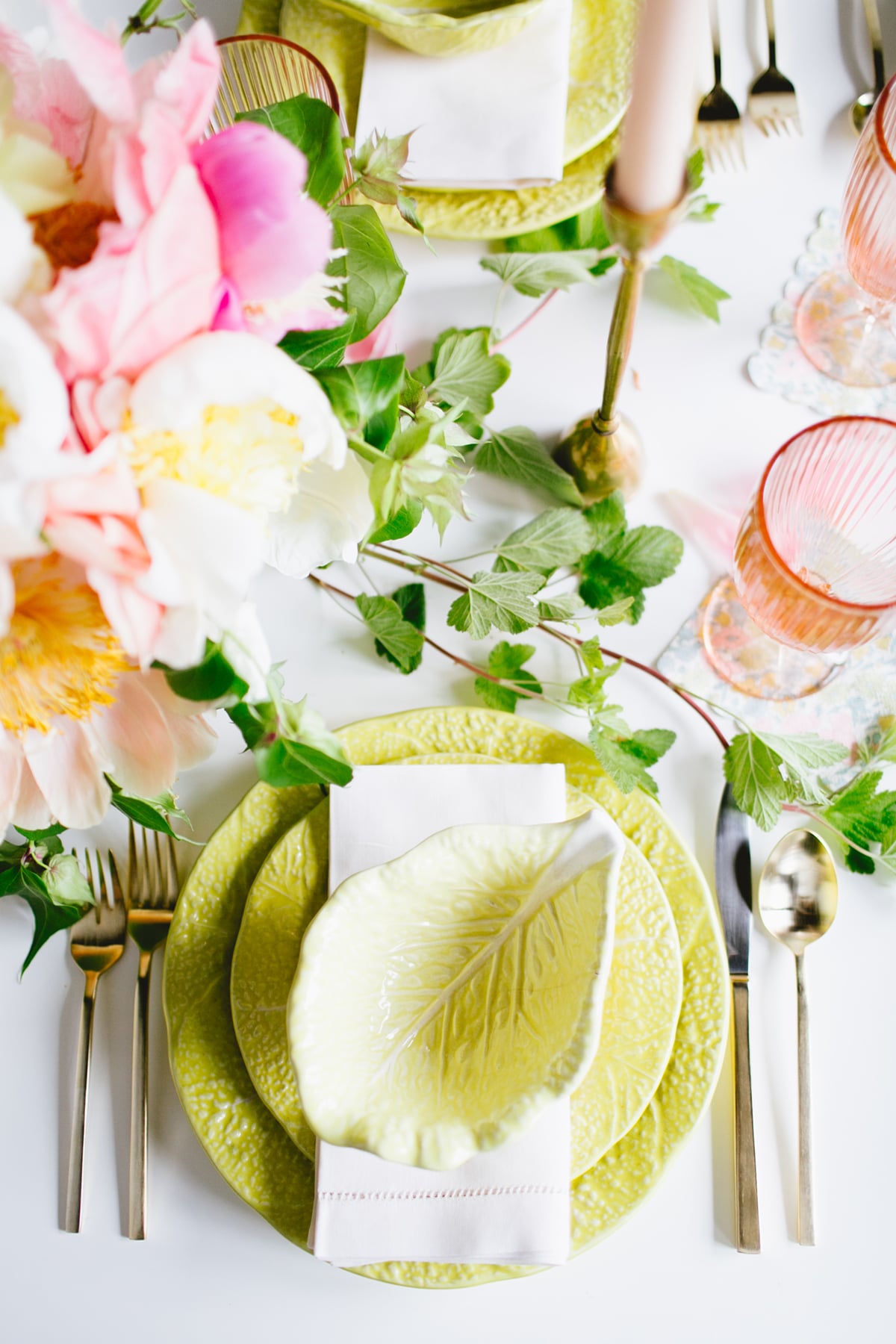 vintage dishes and glassware in pink and citron for this summer tabletop | coco kelley