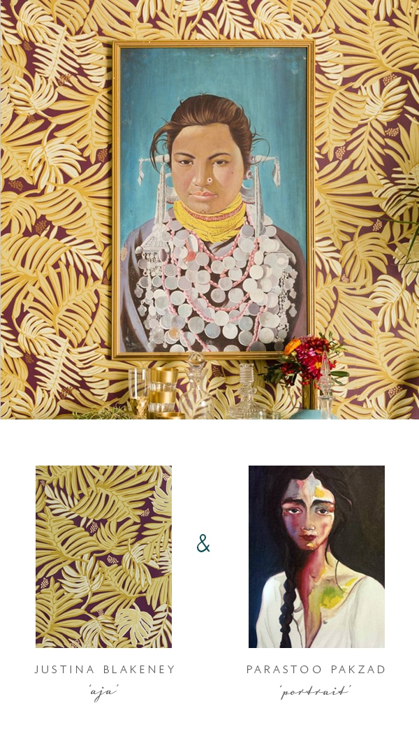 wallpaper and art matchup with boho palms and a colorful portrait | coco kelley