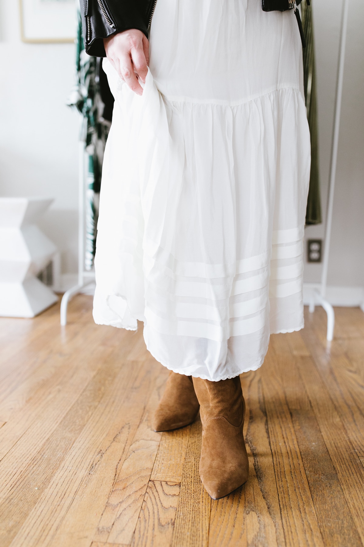 white peasant dress and suede boots with moto jacket | coco kelley