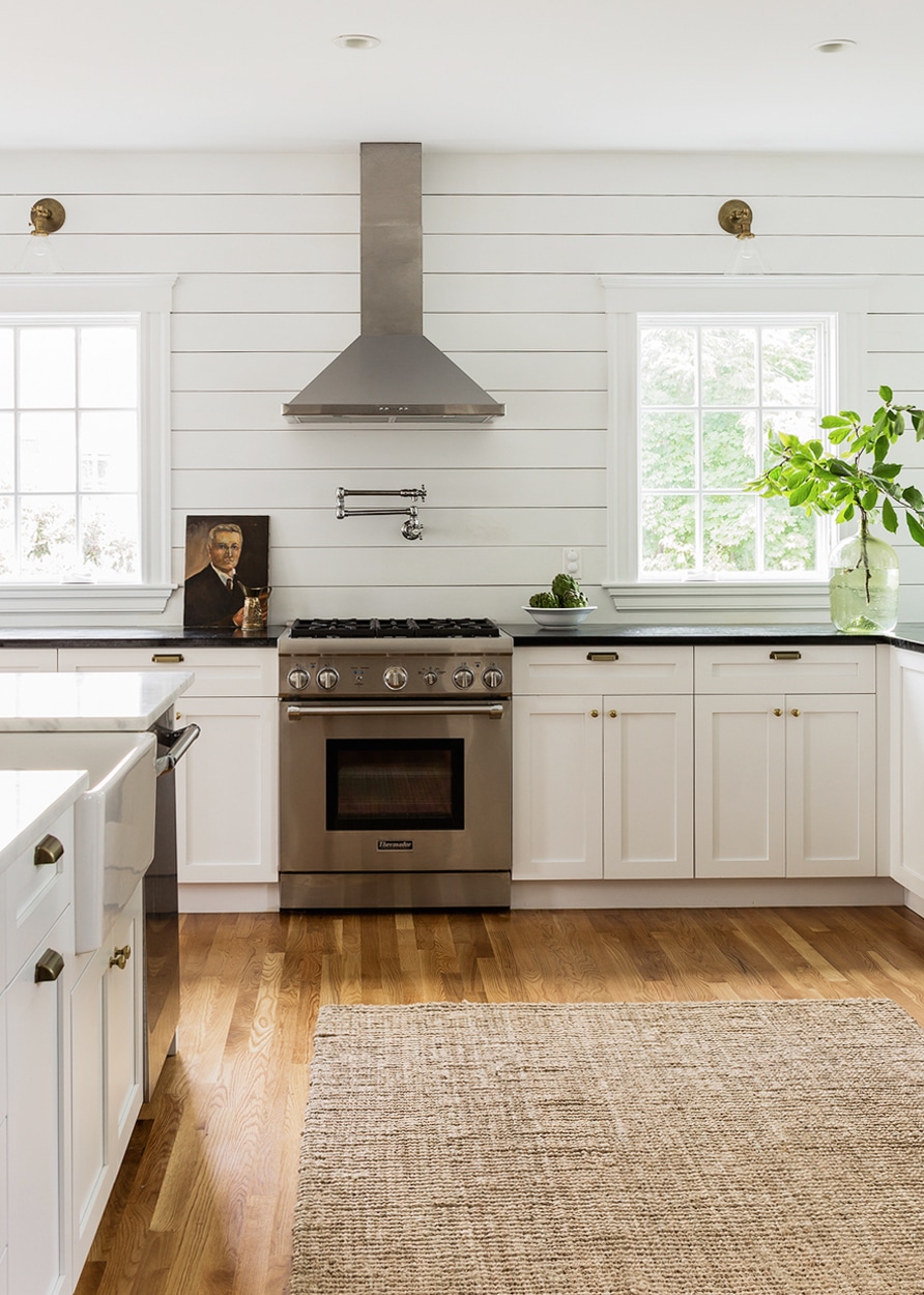 white shiplap kitchen with contrasting countertops modern farmhouse | coco kelley