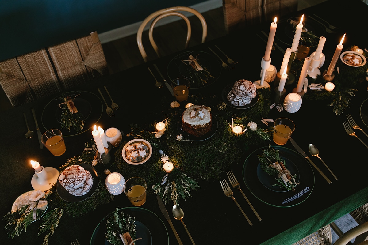 winter solstice moss table runner and candlelight